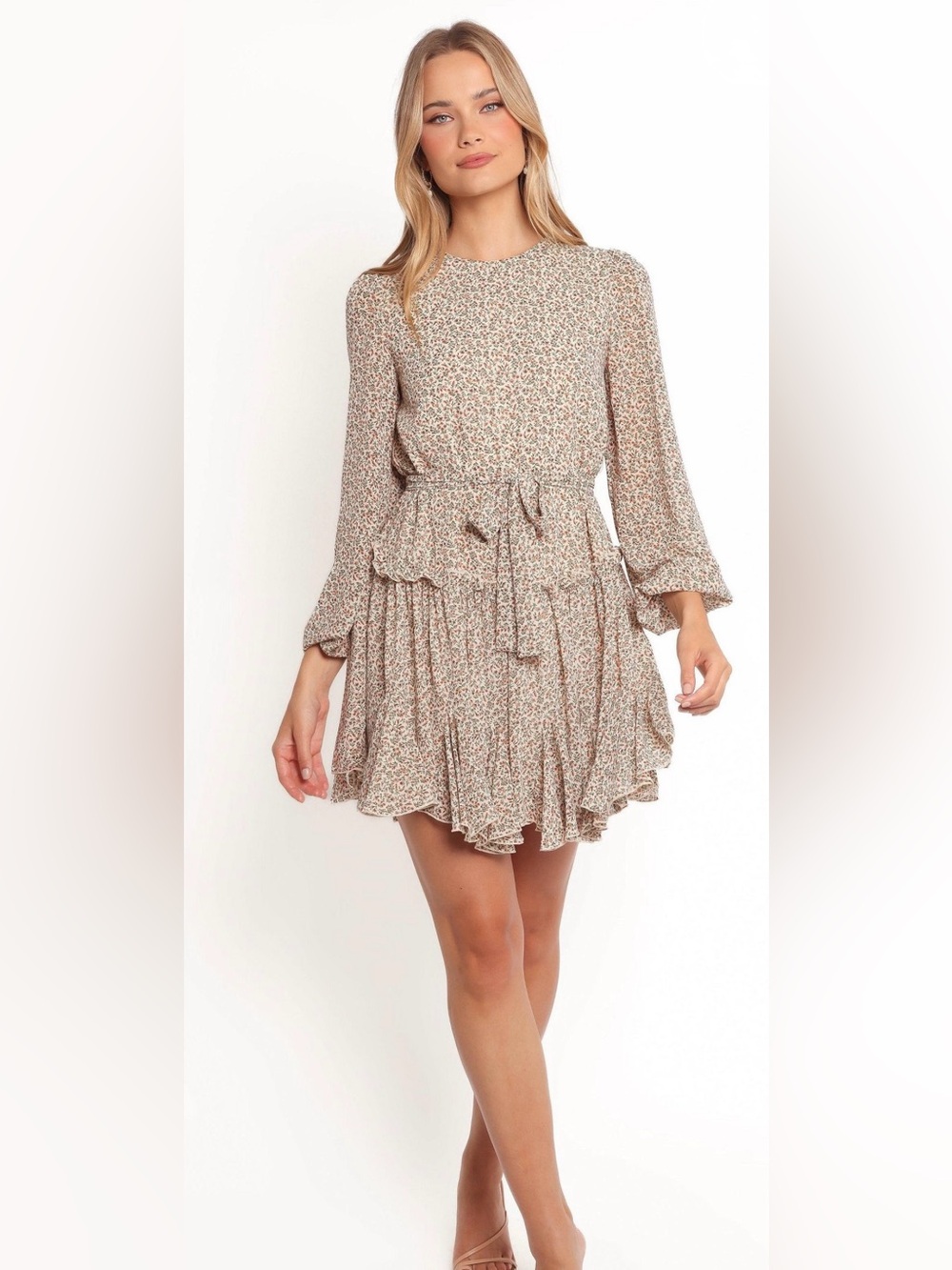 Petal & Pup Small Neutral Floral Ruffle Tie-Waist Mini Dress